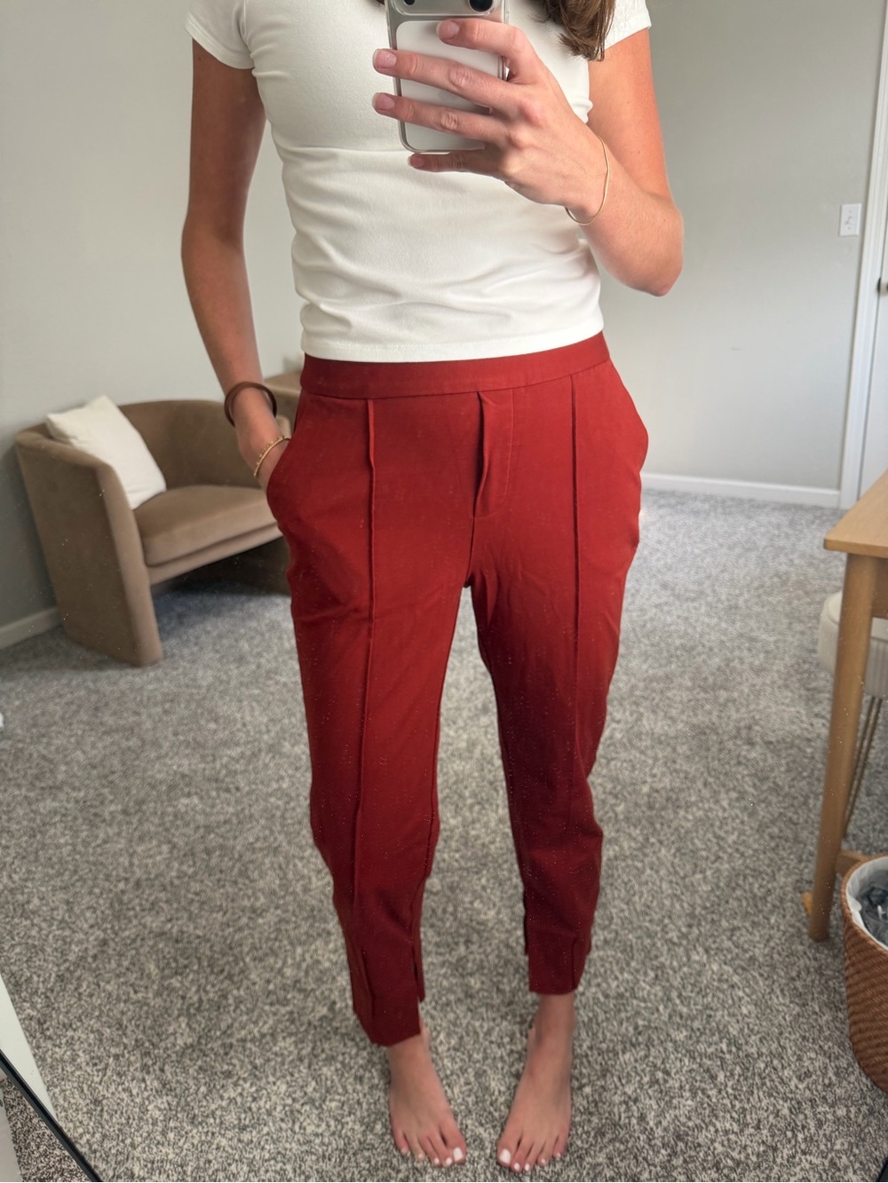 High-Waist Tailored Ankle Pants - Rust Red